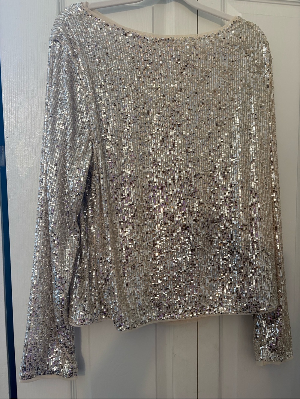 LOFT Silver Sequin Long Sleeve Boatneck Top
